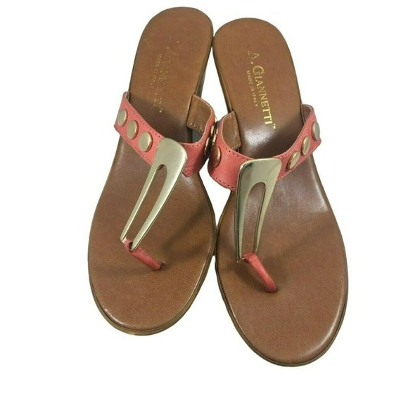 A Giannetti Womens Italian Size 9 Wedge Heels Coral Brown Pink Gold Slip On Sand - Picture 11 of 11